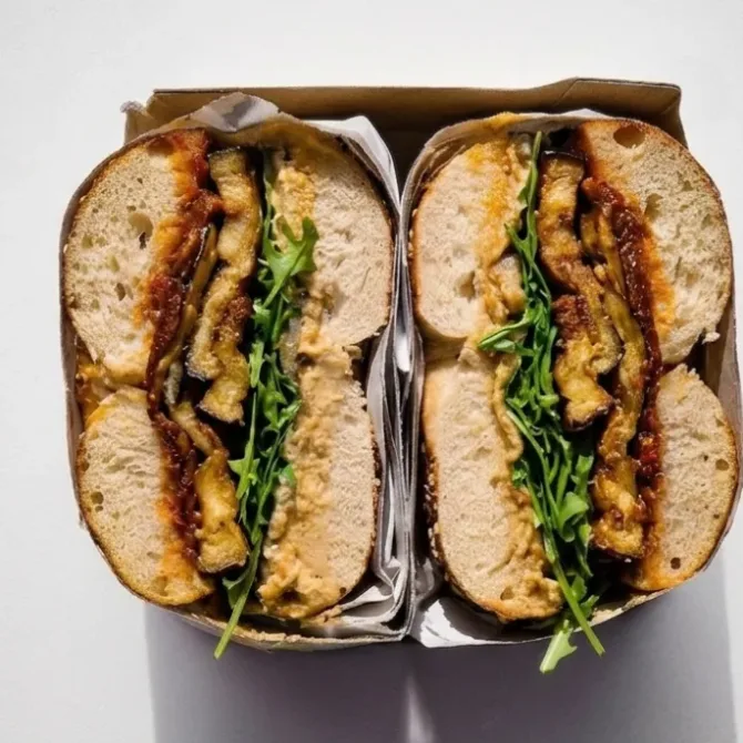 vegan mediterranean bagel with eggplant and hummus
